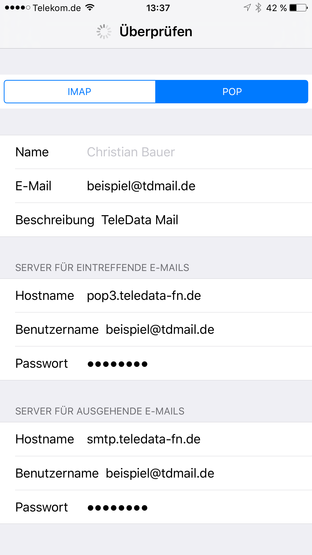 E-Mail Zugangsdaten eingeben