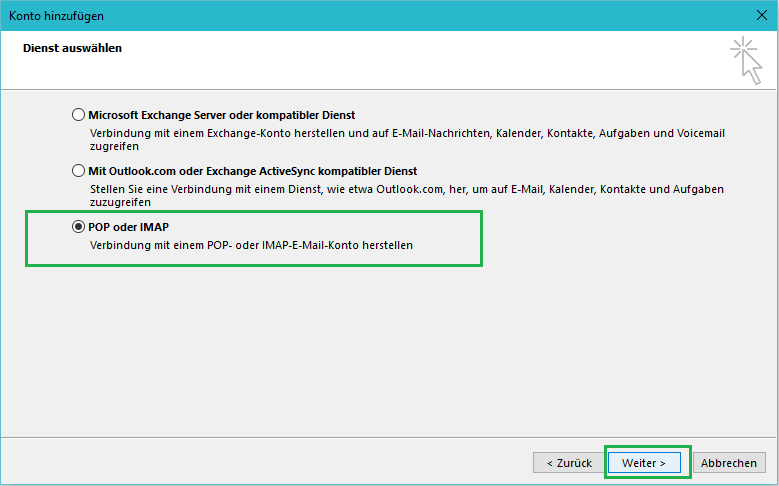 MS Outlook: Servereinstellung POP auswählen