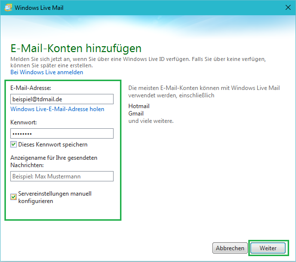 Windows Live: Passwort und Mailadresse eingeben